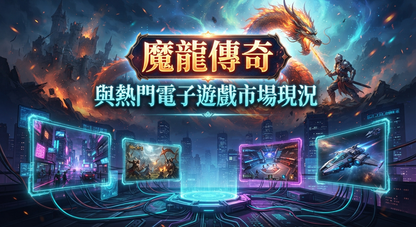這張圖片展示了一頭巨大的魔龍與奇幻戰士。 下方則融合了現代科技感與熱門電子遊戲市場的虛擬介面。