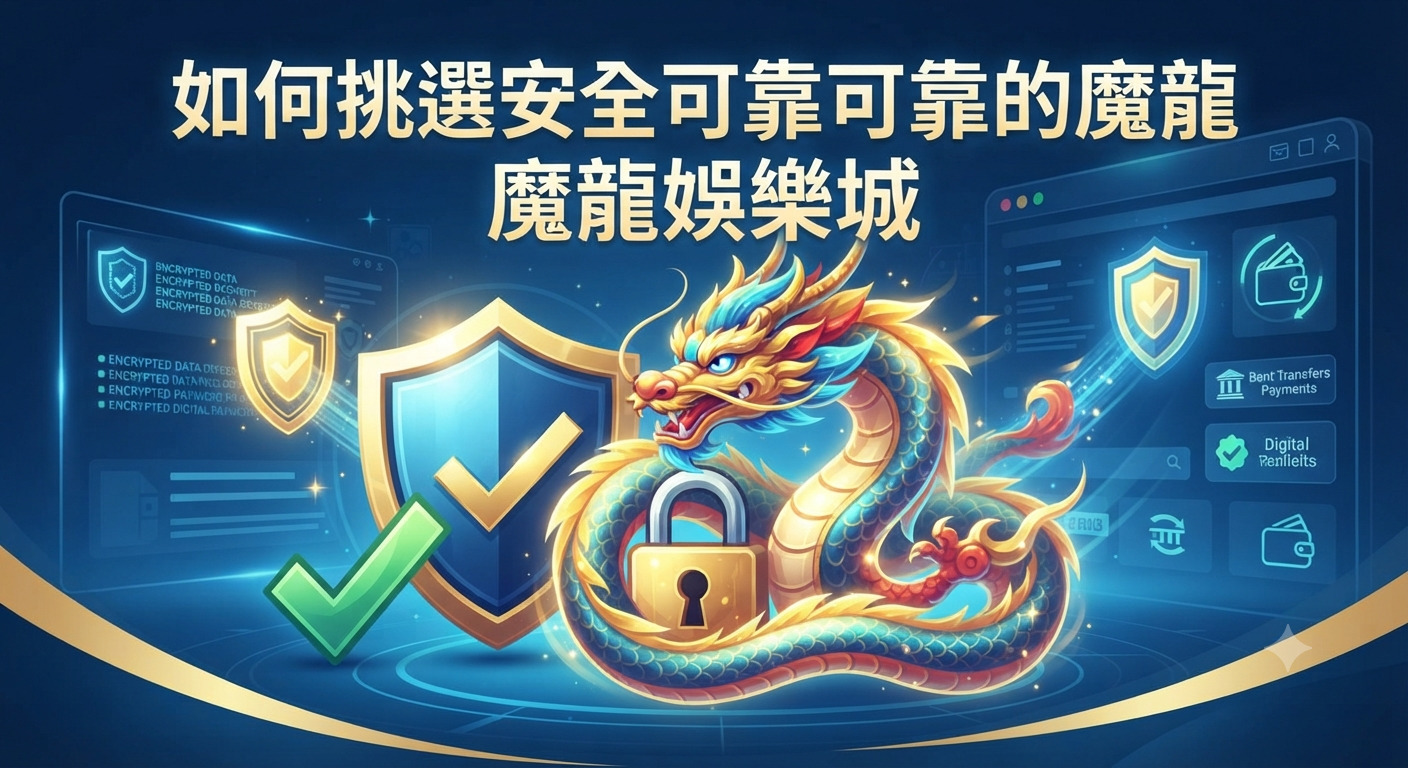 這是一張關於「如何挑選安全可靠的魔龍娛樂城」的主题圖片。 畫面中央結合了金色魔龍、安全防護盾牌與密碼鎖的設計，展現出網路安全與娛樂城的意象。