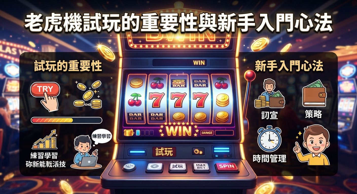 圖片展示了一臺亮眼的霓虹老虎機,主標題為「老虎機試玩的重要性與新手入門心法」。 周圍搭配了試玩、策略與時間管理等相關圖示與說明文字。