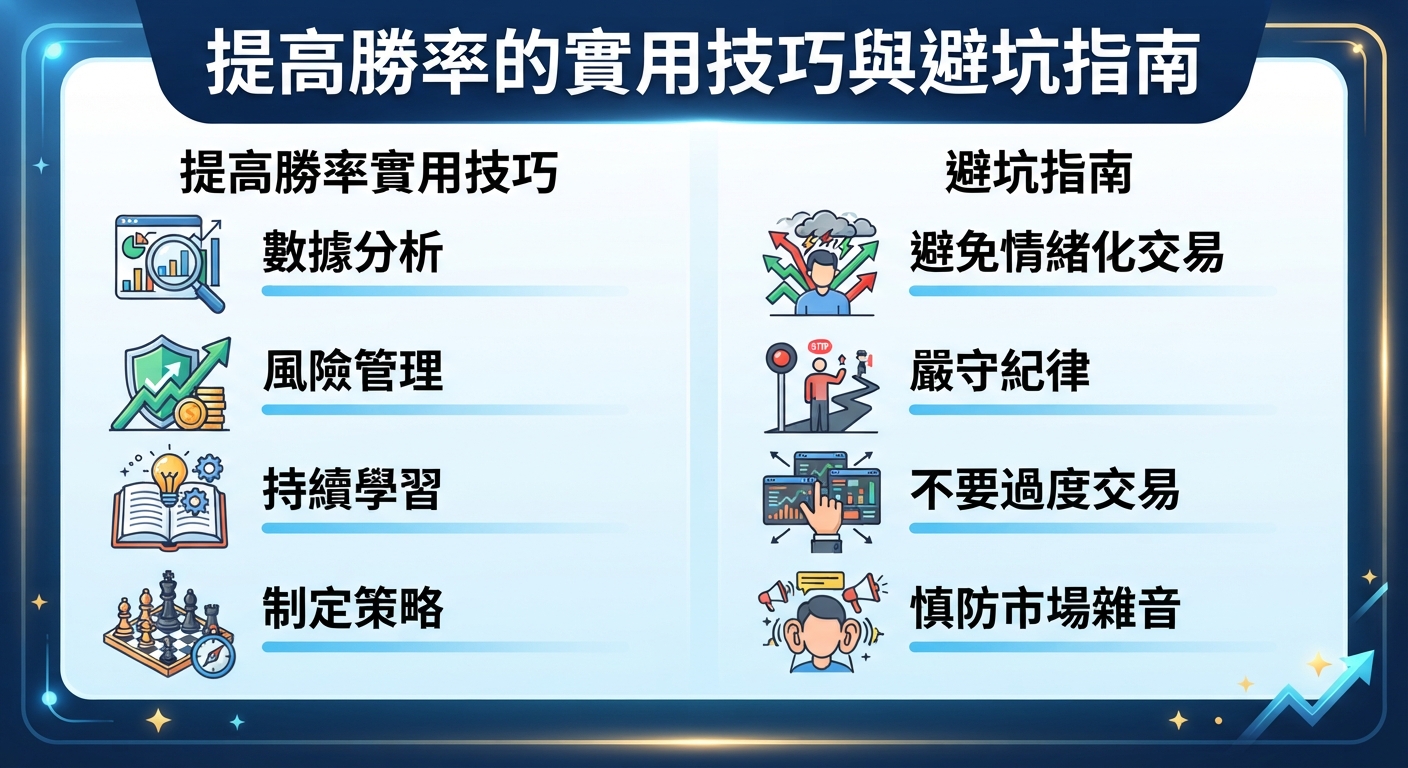 圖片展示了提高勝率的實用技巧與避坑指南, 並列出數據分析、風險管理及避免情緒化交易等要點。