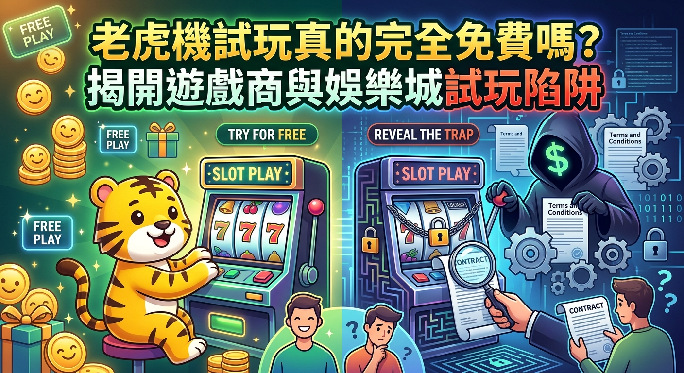 這張圖片採用左右對比的插畫風格,左側呈現可愛且色彩明亮的「免費試玩」老虎機歡樂場景,右側則揭露暗藏條款與鎖鏈陷阱的「真實幕後」。 上方以清晰顯眼的繁體中文標題寫著:「老虎機試玩真的完全免費嗎?揭開遊戲商與娛樂城試玩陷阱」,完美呼應主題。
