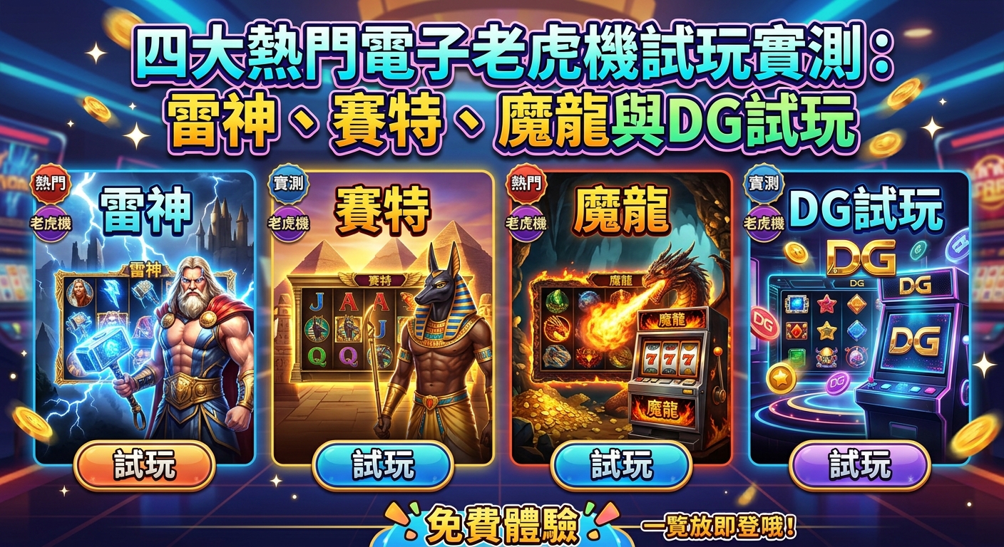這張圖片展示了四大熱門電子老虎機(雷神、賽特、魔龍與DG試玩)的實測主題海報,背景充滿炫彩霓虹與閃耀的金幣。 畫面上方標有繁體中文標題,下方則以四個獨立區塊呈現各款遊戲的經典角色與老虎機界面。