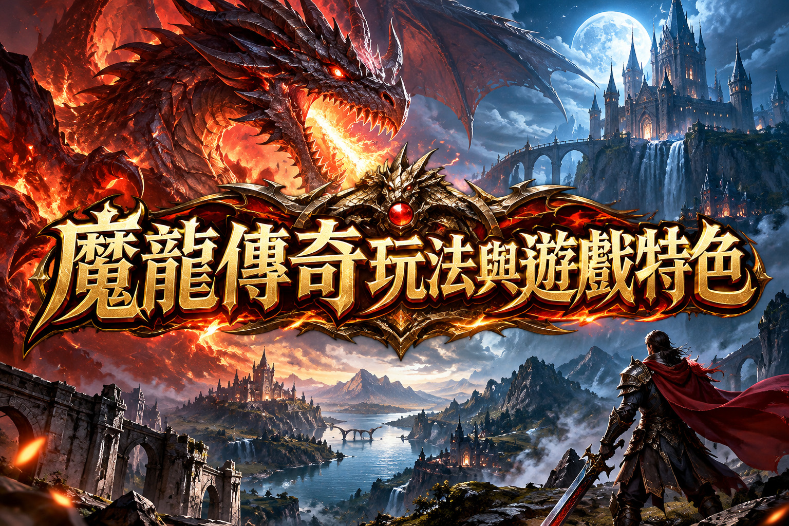 畫面以霸氣火焰魔龍與奇幻城堡為背景，搭配華麗金色標題，展現《魔龍傳奇》的神秘冒險氛圍。 透過烈焰、冰雪與英勇戰士的視覺對比，突顯魔龍傳奇的遊戲特色與震撼視覺效果。