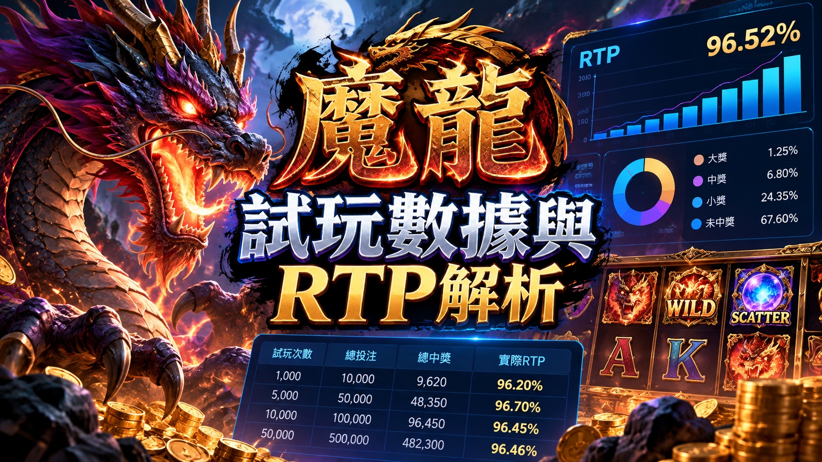透過魔龍傳奇試玩數據與RTP分析圖表，了解遊戲回報率、中獎分布及不同試玩次數的數據變化。 結合老虎機畫面與模擬統計資訊，解析RTP運作原理，幫助玩家理性評估遊戲機率與風險。